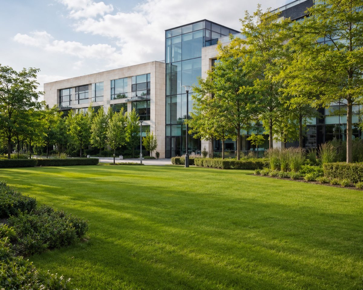 Modern business park with landscaped lawns and grounds maintained by SA Lawn and Grounds in Aberdeenshire