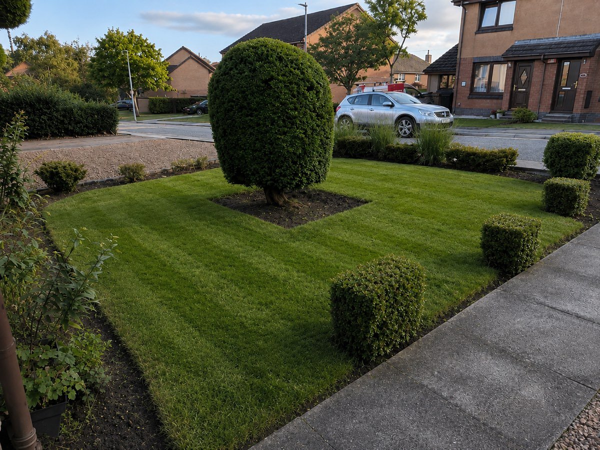 Tidy front garden with shaped topiary and a freshly edged lawn in Aberdeen