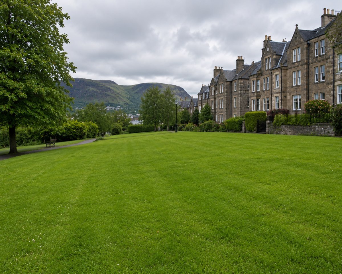 Communal lawns of a managed residential terrace kept immaculate by SA Lawn and Grounds in Aberdeenshire