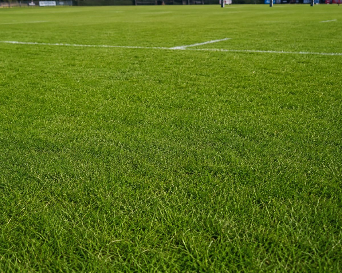 Well maintained rugby pitch with crisp white lines and posts, cared for by SA Lawn and Grounds in Aberdeenshire